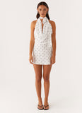 Avalia Backless Scarf Mini Dress - White Polka Dot